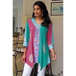 SOFT SURROUNDINGS Mystik Batik Celestial Sun Hi-low Hem Tunic Top Size Medium